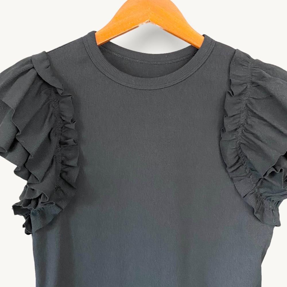 Simply Cute Ruffle Short Sleeve Pull-on Rib Top Black Size Large - Picture 5 of 8